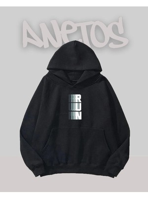 Anetos Run Tasarım Siyah Ön Baskılı Sweatshirt