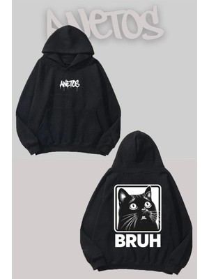 Anetos Bruh Cat Baskılı Siyah Kapüşonlu Sweatshirt