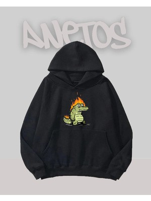 Anetos Yanan Timsah Tasarım Siyah Ön Baskılı Sweatshirt