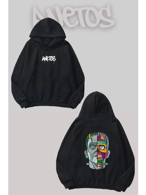 Anetos Frank Sırt Baskılı Siyah Kapüşonlu Sweatshirt