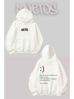 Anetos Black 1 Sırt Baskılı Beyaz Kapüşonlu Sweatshirt
