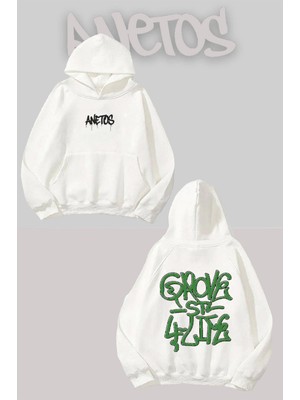 Anetos Gta Vı Sırt Baskılı Beyaz Kapüşonlu Sweatshirt