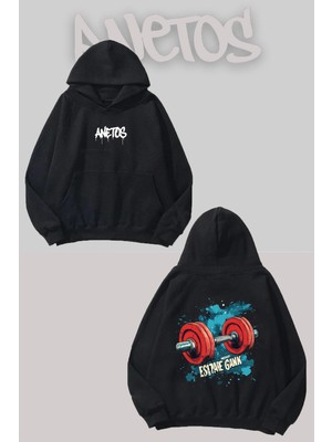 Anetos Gym Sırt Baskılı Siyah Kapüşonlu Sweatshirt