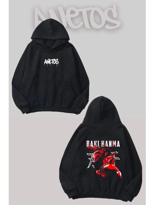 Anetos Bakı Hanma 2 Sırt Baskılı Siyah Kapüşonlu Sweatshirt
