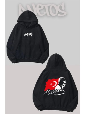Anetos Mustafa Kemal Atatürk Sırt Baskılı Siyah Kapüşonlu Sweatshirt