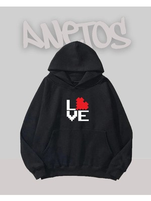 Anetos Love 2 Tasarım Siyah Ön Baskılı Sweatshirt