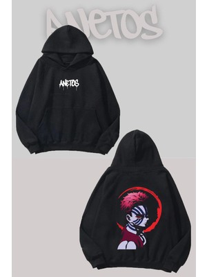 Anetos Demon Slayer Akaza 3 Sırt Baskılı Siyah Kapüşonlu Sweatshirt
