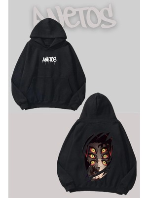 Anetos Demon Slayer Kokushibo Sırt Baskılı Siyah Kapüşonlu Sweatshirt