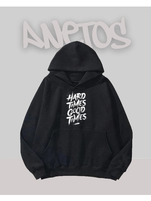 Anetos Hard Tımes Tasarım Siyah Ön Baskılı Sweatshirt