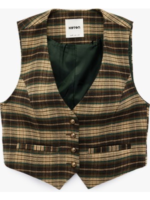 Koton Regular Fit Düğmeli V Yaka Ekose Blazer Yelek