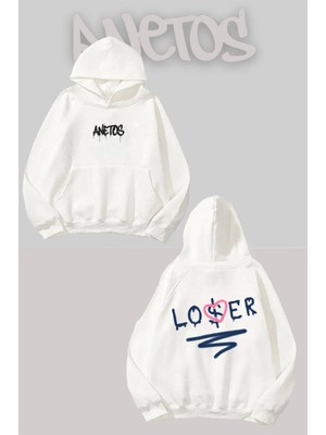 Anetos Txt 5 Sırt Baskılı Beyaz Kapüşonlu Sweatshirt