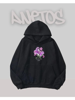 Anetos Mor Cicek 5 Tasarım Siyah Ön Baskılı Sweatshirt