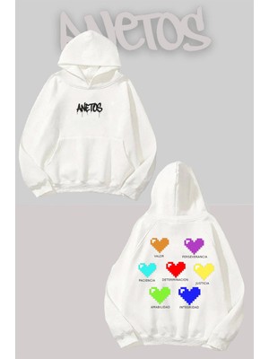 Anetos Undertale Kalpler Sırt Baskılı Beyaz Kapüşonlu Sweatshirt