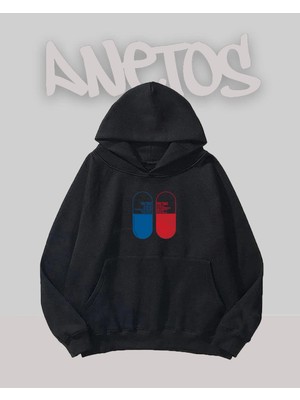 Anetos Matrix Tasarım Siyah Ön Baskılı Sweatshirt