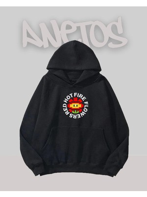 Anetos Red Hot Fire Flowers Tasarım Siyah Ön Baskılı Sweatshirt