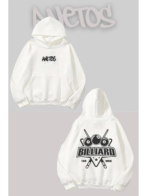 Anetos Billiards 1 Sırt Baskılı Beyaz Kapüşonlu Sweatshirt