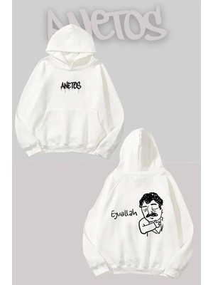 Anetos Müslüm Baba Sırt Baskılı Beyaz Kapüşonlu Sweatshirt