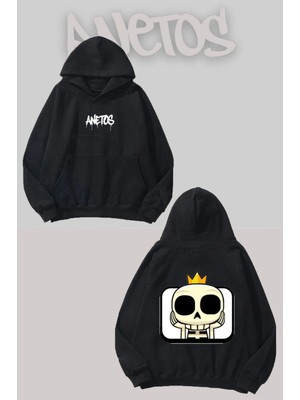 Anetos Iskelet Emoji Fanart Sırt Baskılı Siyah Kapüşonlu Sweatshirt