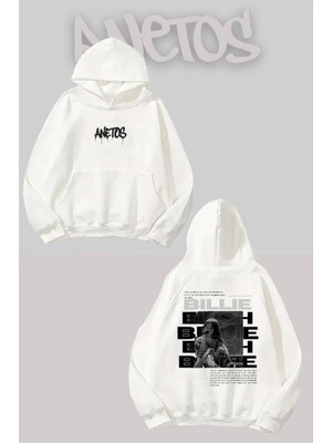Anetos Billie Eilish 5 Sırt Baskılı Beyaz Kapüşonlu Sweatshirt