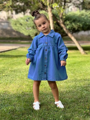Pollito Kız Çocuk Gömlek Yaka Detaylı A Kesim Denim Elbise Özel Günler İçin Düğmeli