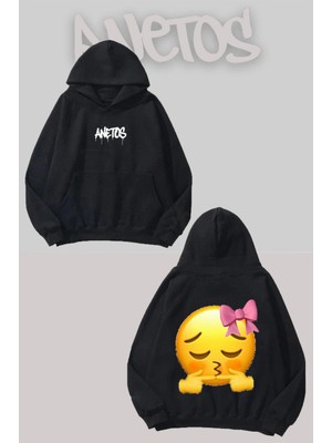 Anetos Uwu Emoji Sırt Baskılı Siyah Kapüşonlu Sweatshirt