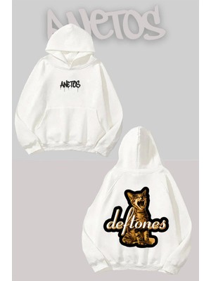 Anetos Deftones Kedi Sırt Baskılı Beyaz Kapüşonlu Sweatshirt
