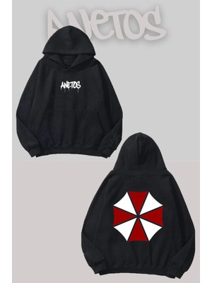 Anetos Umbrella Sırt Baskılı Siyah Kapüşonlu Sweatshirt