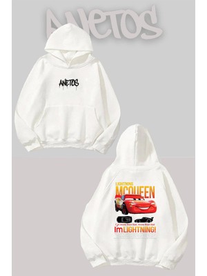 Anetos Lihtning Mcqueen Sırt Baskılı Beyaz Kapüşonlu Sweatshirt