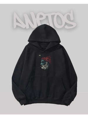 Anetos Sigara Icen Adam Tasarım Siyah Ön Baskılı Sweatshirt