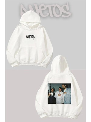 Anetos Müslüm Baba 2 Sırt Baskılı Beyaz Kapüşonlu Sweatshirt