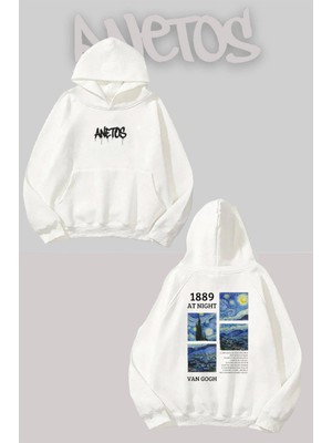 Anetos Van Gogh 4 Sırt Baskılı Beyaz Kapüşonlu Sweatshirt