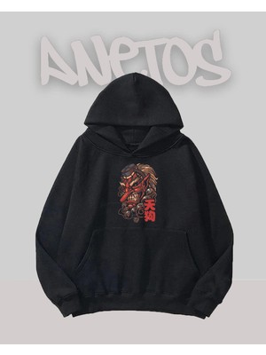 Anetos Demon Mask Tasarım Siyah Ön Baskılı Sweatshirt