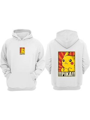 Anetos Pika Poster Tasarım Sırt Baskılı Beyaz Sweatshirt