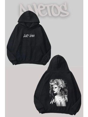 Anetos Lady Gaga 2 Tasarım Siyah Ön Arka Baskılı Sweatshirt