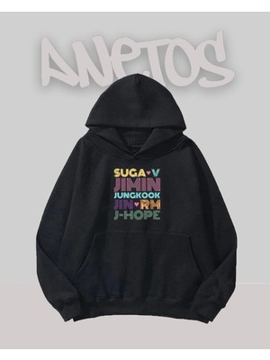 Anetos Suga Bts Tasarım Siyah Ön Baskılı Sweatshirt