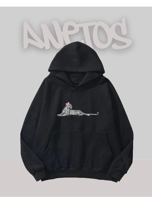 Anetos Leopar Tasarım Siyah Ön Baskılı Sweatshirt