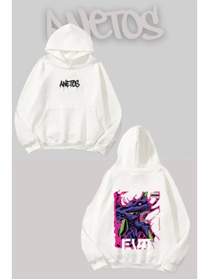 Anetos Evangelion V8 Sırt Baskılı Beyaz Kapüşonlu Sweatshirt