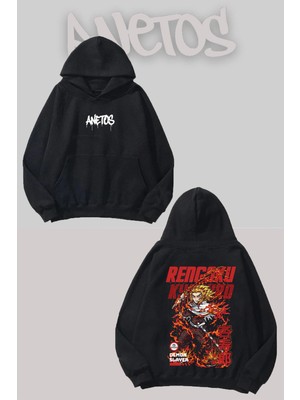 Anetos Rengoku Sırt Baskılı Siyah Kapüşonlu Sweatshirt