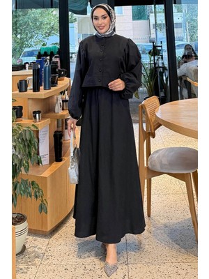 Tesettür Diyarı Kadın Trikoton Kumaş Düğmeli Düz Tesettür Takım- Siyah