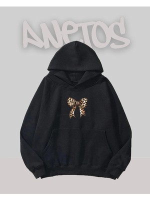 Anetos Leopar Kurdele Tasarım Siyah Ön Baskılı Sweatshirt