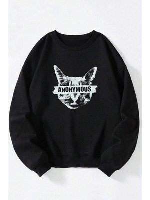 Anetos Anonymous Cat Unisex Siyah Bisiklet Yaka Pamuklu Sweatshirt