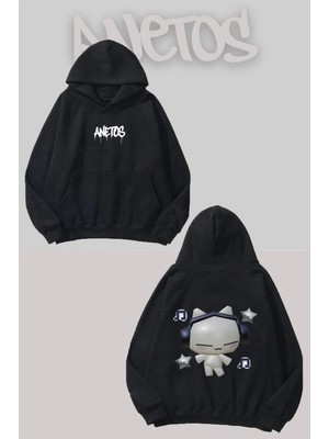Anetos Müzik Dinleyen Yavru Kedi Sırt Baskılı Siyah Kapüşonlu Sweatshirt