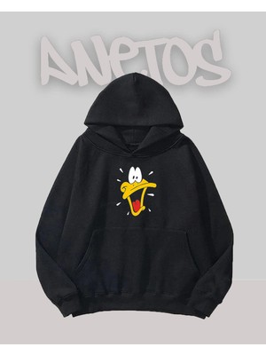 Anetos Duck 4 Tasarım Siyah Ön Baskılı Sweatshirt