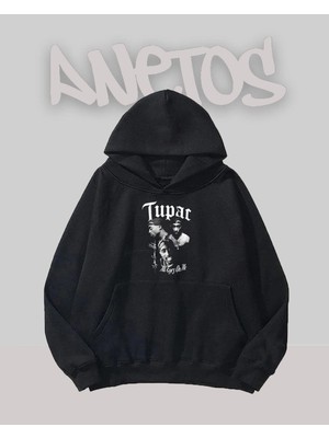 Anetos Tupac 11 Tasarım Siyah Ön Baskılı Sweatshirt
