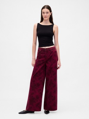 Gap Kadın Bordo Mid Rise Çiçekli Baggy Jean Pantolon