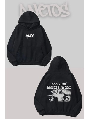Anetos Seeking Desires Sırt Baskılı Siyah Kapüşonlu Sweatshirt