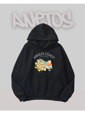 Anetos Amalfı Coast Tasarım Siyah Ön Baskılı Sweatshirt