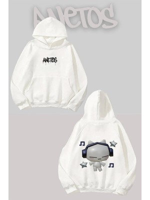 Anetos Müzik Dinleyen Yavru Kedi Sırt Baskılı Beyaz Kapüşonlu Sweatshirt