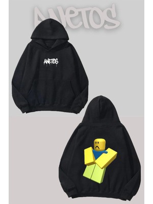 Anetos Roblox Noob Meme Sırt Baskılı Siyah Kapüşonlu Sweatshirt