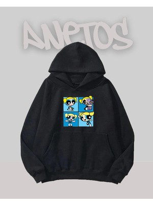 Anetos Power Gırl Mavı Tasarım Siyah Ön Baskılı Sweatshirt